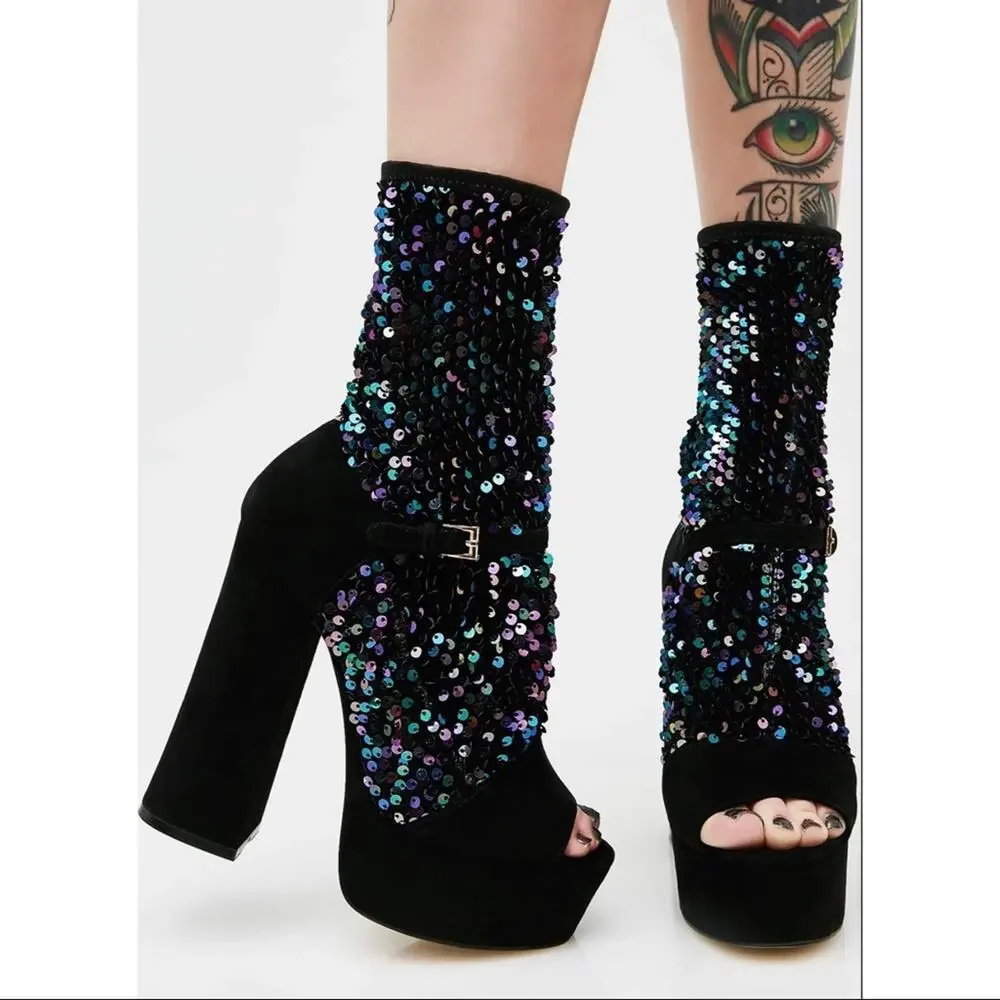 Shelly’s London • Haimi Iridescent Sequin Sock Bootie Platforms